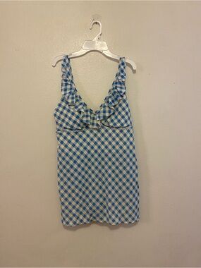 Women’s Blue and White Gingham Ruffle swim dress